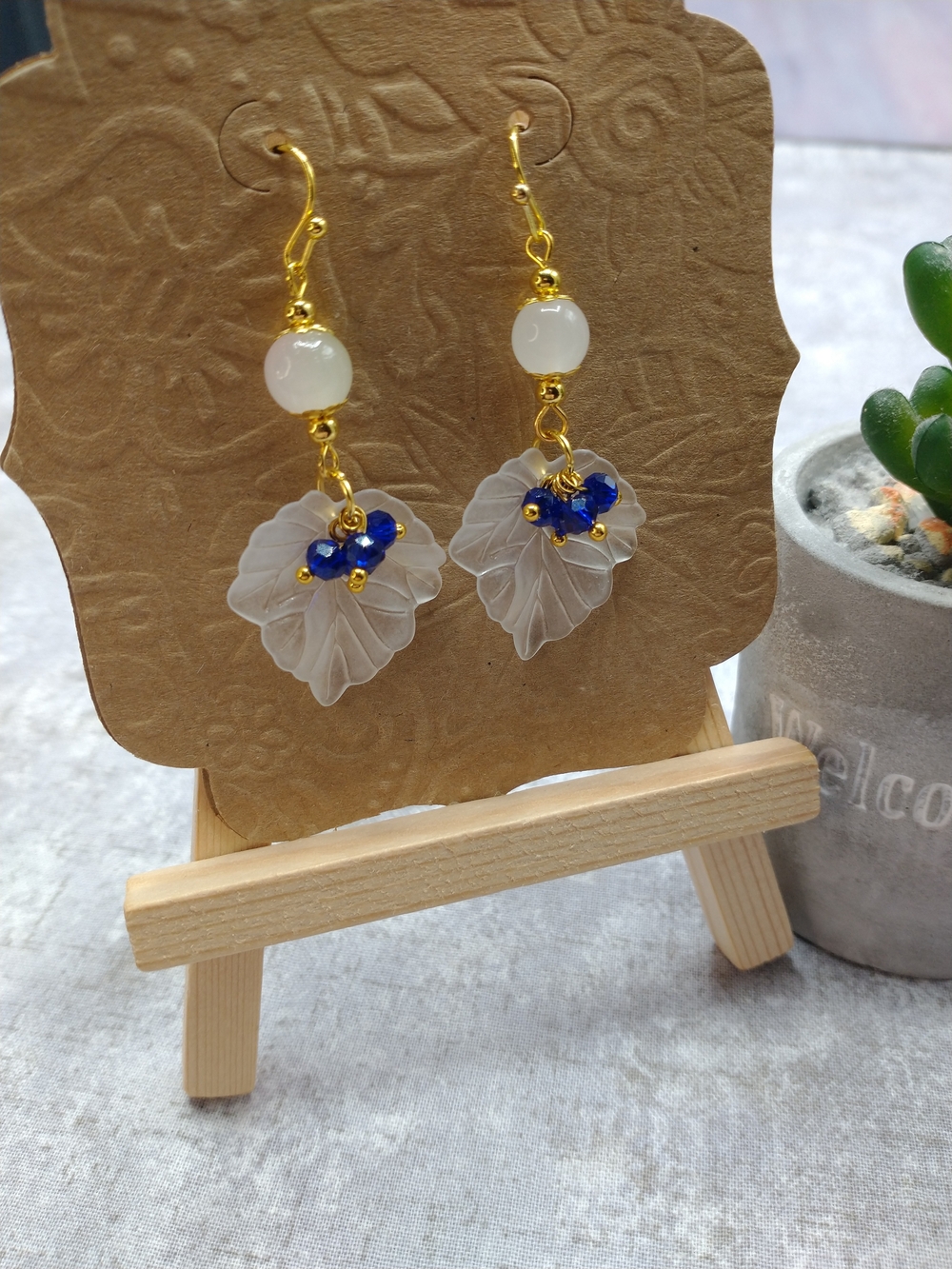 New Handmade Beaded Lucite Leaf Earrings